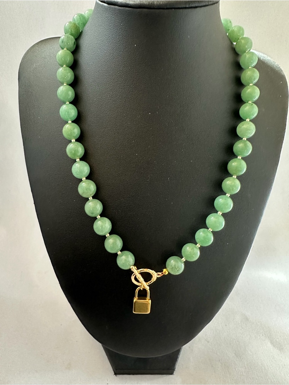 Green Jade Beaded Necklace with Gold Plated Toggle and Padlock Pendant